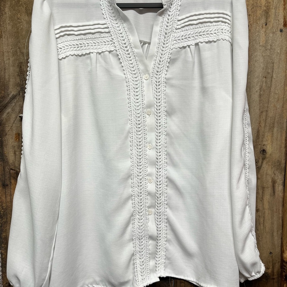 Besfly White Crochet-Trim Button Front Women's Top